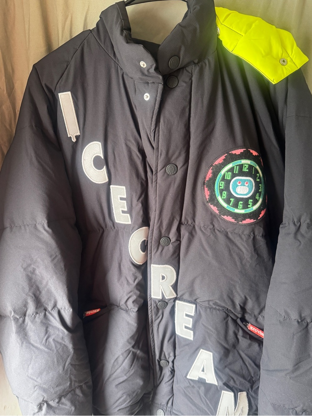 Icecream Black Puffer Jacket with Neon Yellow Shoulder Accent